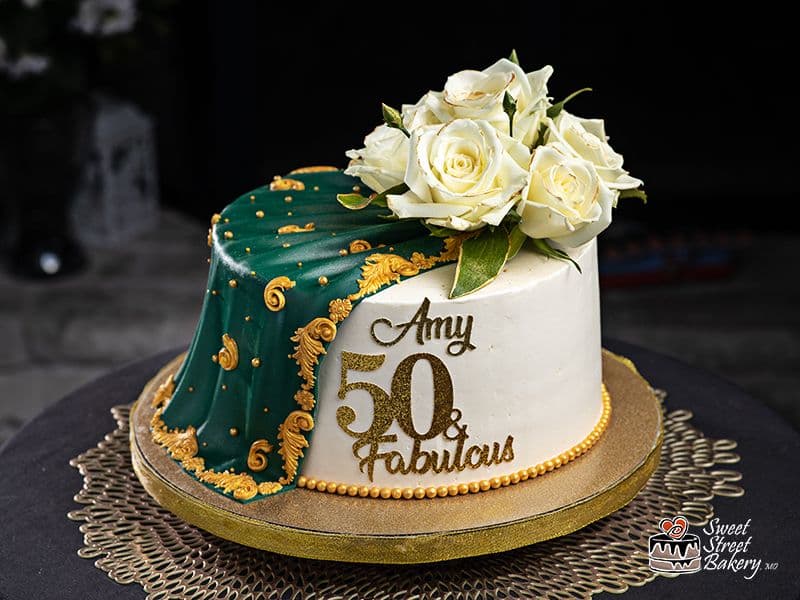 Elegant Emerald Drape 50th Birthday Cake